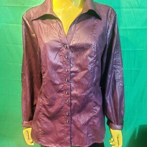 Marie claire women's long sleeves shirt leather effects button down crimson red